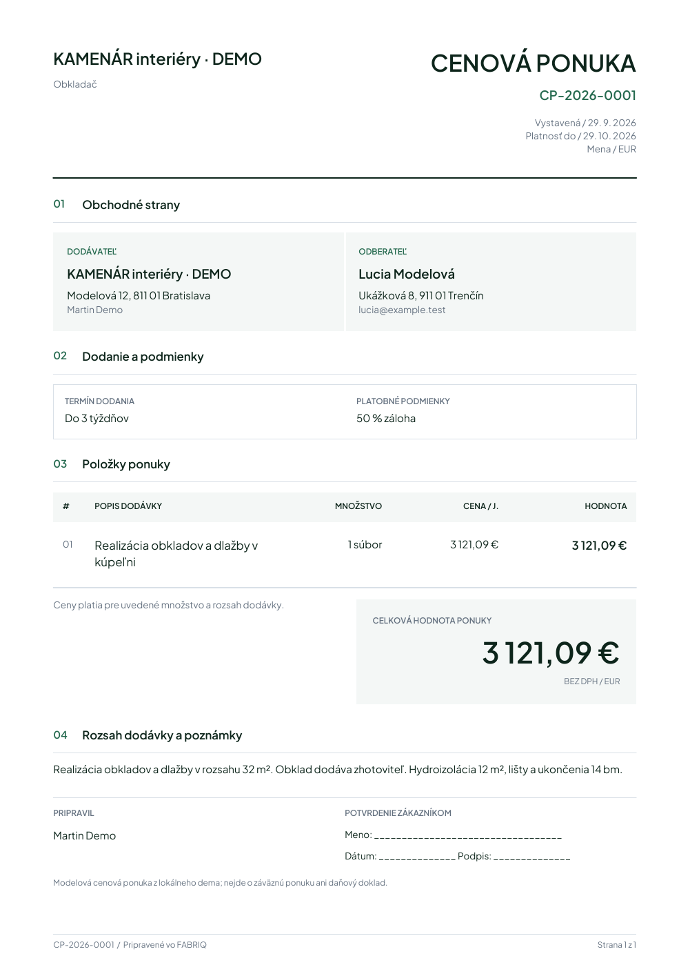 PDF export: Cenová ponuka